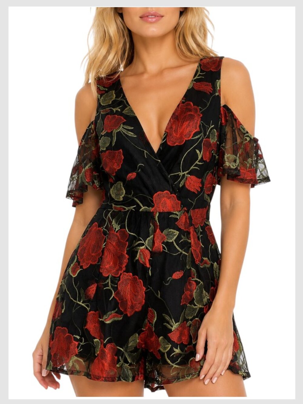 Floral embroidered cold shoulder romper black red S